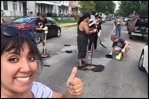 A group of residents recently decided to take matters into their own hands and fill potholes that the city had yet to get to. Their action attracted a lot of media attention. Photo courtesy of the Hamtramck Guerilla Road Repair